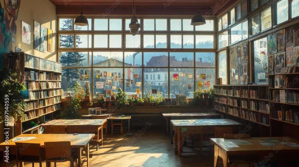 Poster a cozy library with large windows, bookshelves, and tables for reading and studying.