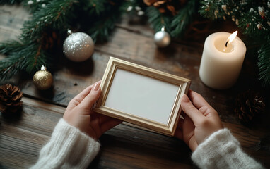 Empty gold photo frame mockup in hands with Christmas decor