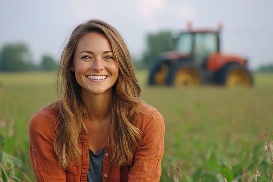 Woman enjoying the peaceful countryside while a tractor works the fields at sunset