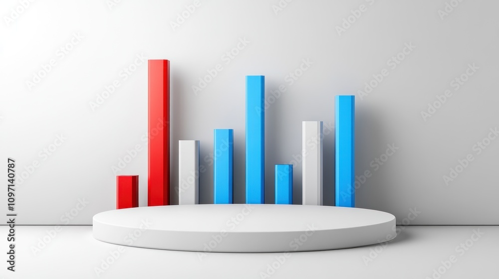 Poster a 3d bar chart with red, blue, and gray bars on a circular podium against a neutral background.