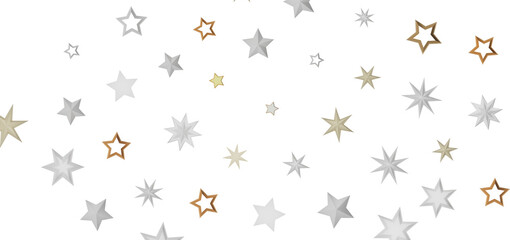 Abstract pattern of stars in different sizes and shades of gold and silver, against a black background