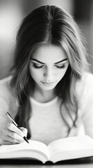Young woman studying and taking notes from an open book on a wooden table