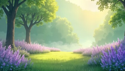 Sunny day in lavender field. Purple wildflowers, green grass. Trees frame tranquil scene. Calm nature landscape. Summer meadow. Botanical background. Pastoral setting. Rural farm. Peaceful