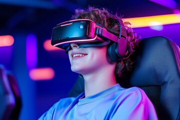 A man with a VR headset in vibrant neon colors featured on a horizontal website banner. Concept of augmented reality and NFTs.