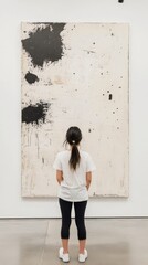 Fototapeta premium Woman observing artwork in a contemporary gallery during a busy afternoon