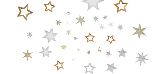 A vibrant pattern of golden and silver stars on a black background.
