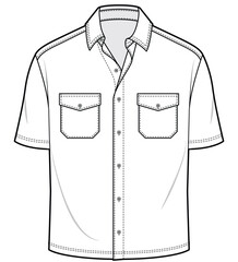 mens short sleeve double pocket relaxed fit shirt flat sketch vector illustration technical cad drawing template