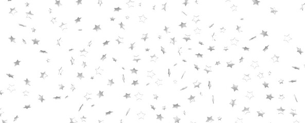 Abstract pattern of random falling silver stars on white background.