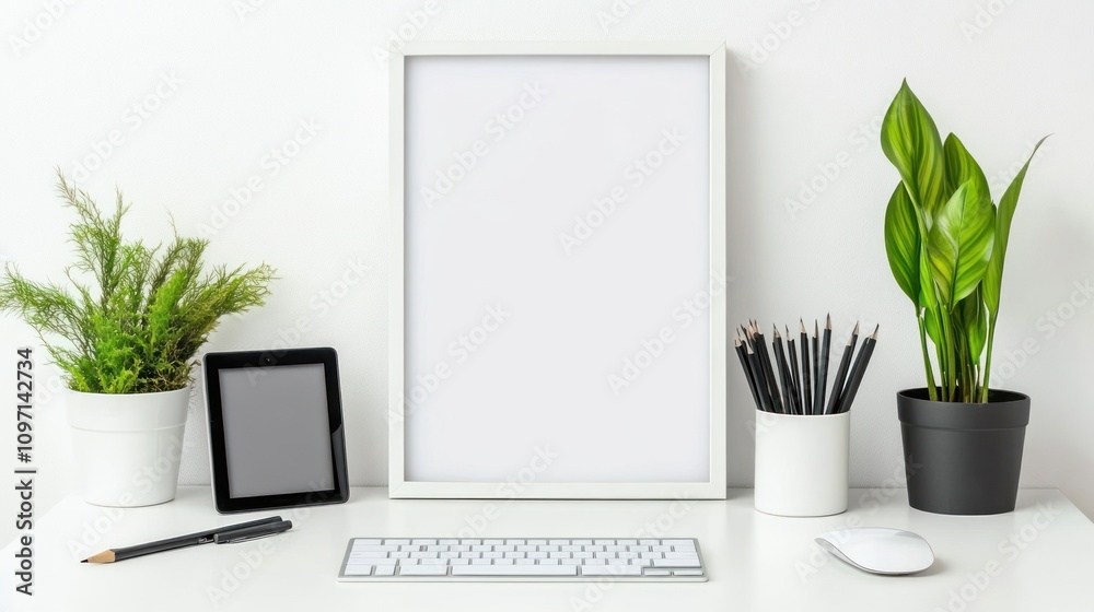 Poster white desk minimalist workspace with plants and frame