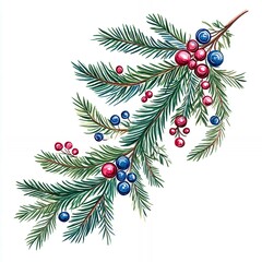 Colorful Branch With Green Needles and Bright Red and Blue Berries Showcased in a Botanical Illustration Style