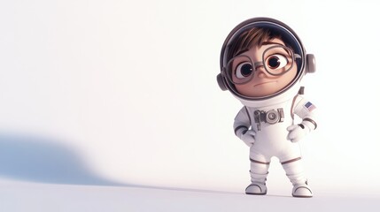A cartoon character in an astronaut suit, standing confidently against a light background.