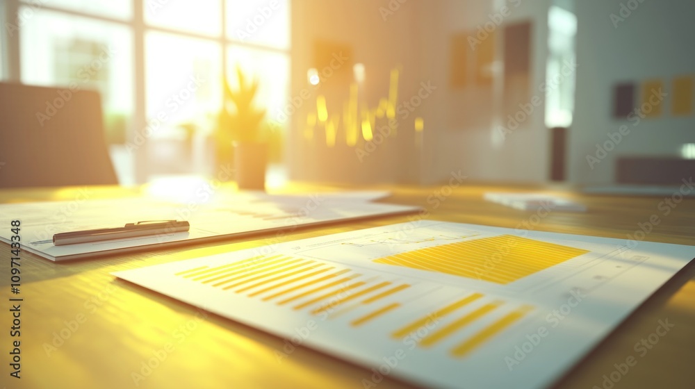 Poster a business workspace with documents and charts illuminated by sunlight.