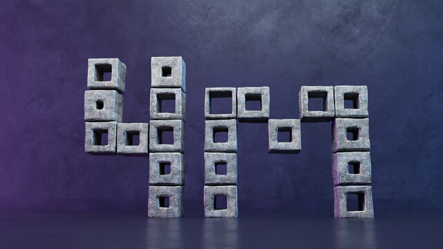 Abstract arrangement of concrete shaped number four millions, 3D 4M