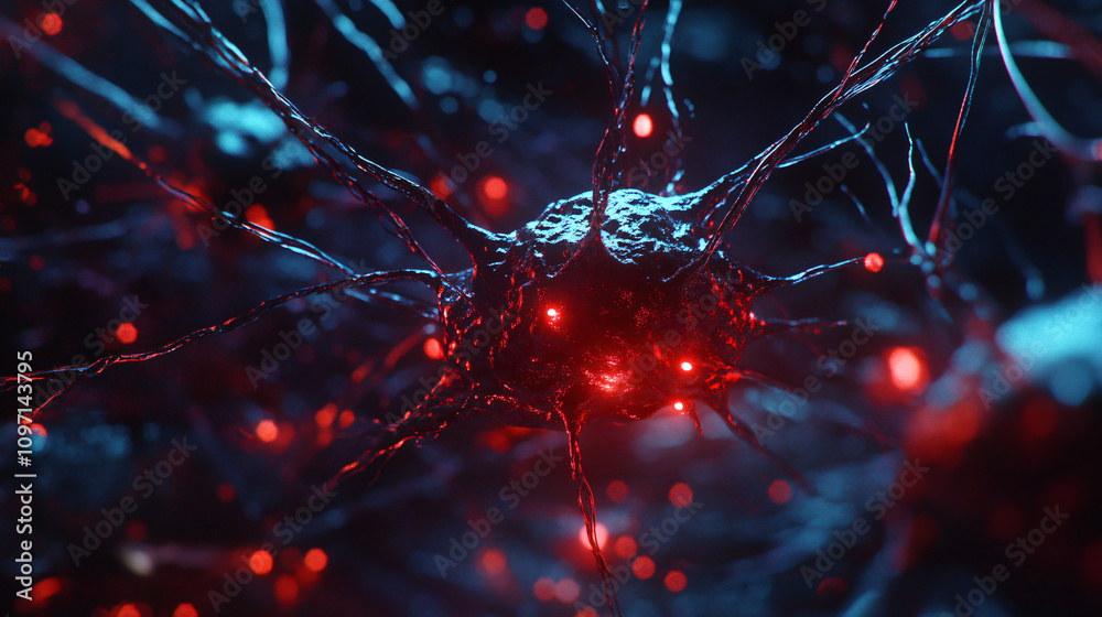 Poster Observing virus infiltrating neurons, causing neurological disease. Microscopic view shows virus-nervous system interaction. Red glow adds urgency, highlighting health impact