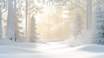 This tranquil winter forest features intricate white paper silhouettes creating a peaceful ambiance with soft, diffused light and snow. Generative AI