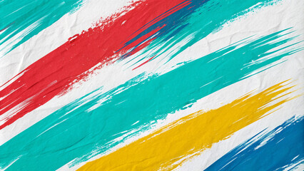 The painting on a white background has three horizontal brushstrokes - red on top, yellow in the middle, and blue at the bottom.
