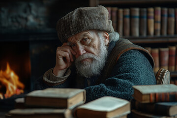 Elderly man gazes thoughtfully amidst old books in a cozy library setting. Generative AI