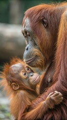 Naklejka premium Orangutan Mother Lovingly Cares for Her Baby in a Natural Setting. Generative AI