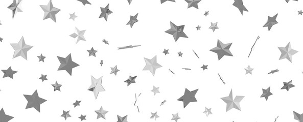 Abstract pattern of random falling silver stars on white background.