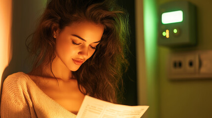 A young woman with curly hair looks down at a document, illuminated by soft warm and green lighting, suggesting a moment of reflection or concentration.
