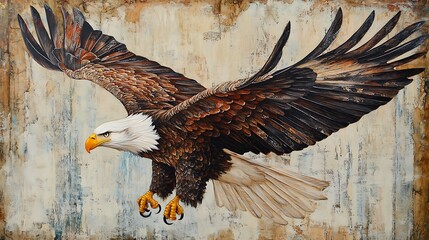 Majestic bald eagle in flight, its powerful wings spread wide against a textured, earthy background.  A study in browns, creams, and whites.