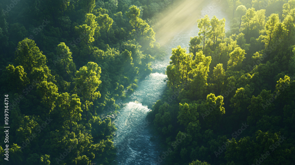 Aufkleber tranquil aerial view of a pristine river winding through a sunlit forest, creating a serene and natu