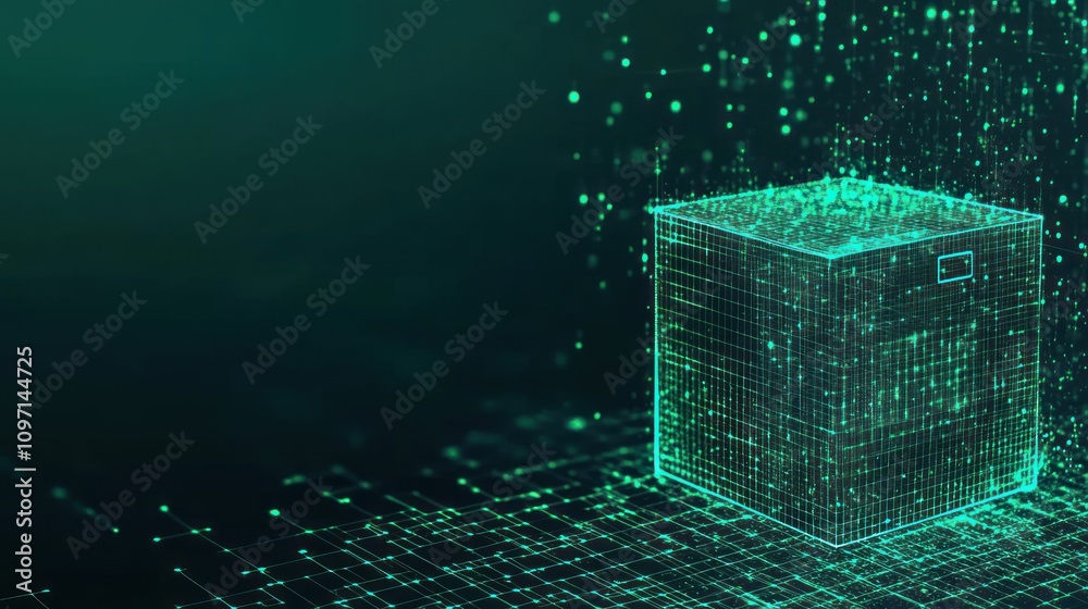 Aufkleber A digital representation of a box made of particles, suggesting data storage or technology.