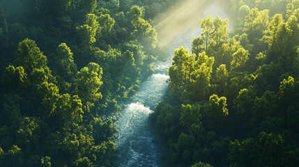 Obraz premium Tranquil aerial view of a pristine river winding through a sunlit forest, creating a serene and natural landscape