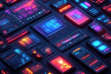 web design isometric illustration showcasing responsive layouts for various devices, vibrant colors and modern icons demonstrating the evolution of digital platforms in an engaging manner