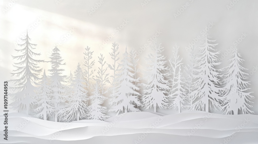 Poster Delicate white paper silhouettes create a serene winter forest filled with pine trees and gentle snow drifts under soft lighting. Generative AI