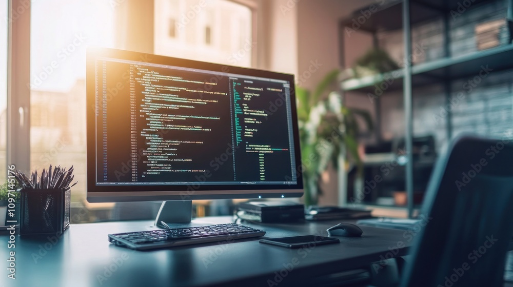 Aufkleber Modern Workspace Featuring Computer Code On Display