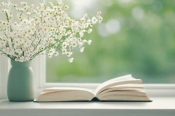 Open book on windowsill with plant basking in natural light during the daytime