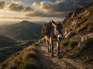 A donkey carries a modest load along a difficult mountain path.