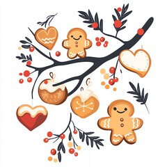 Naklejka premium Colorful Gingerbread Cookies Hanging From a Branch Decorated With Berries and Leaves During Winter Festivities