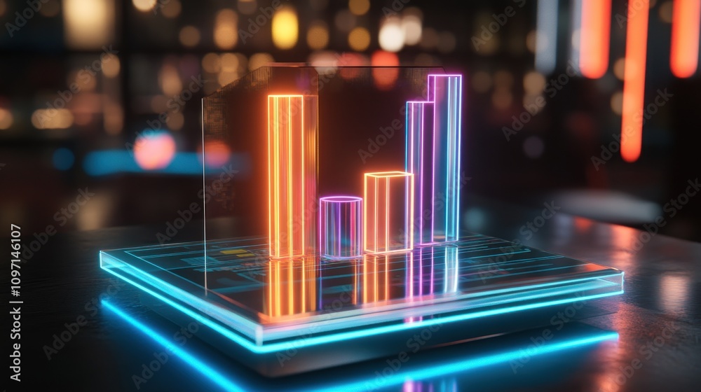 Poster A glowing, modern bar chart displayed in neon colors on a reflective surface.