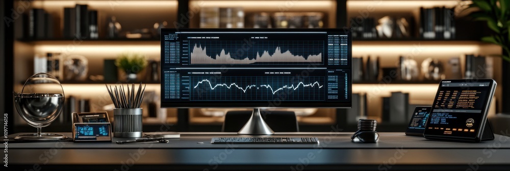 Poster a modern workspace featuring financial charts and data analysis tools.