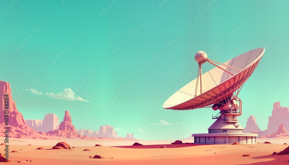 Poster futuristic satellite dish antenna in desert. red rocks landscape. space exploration research. wirele
