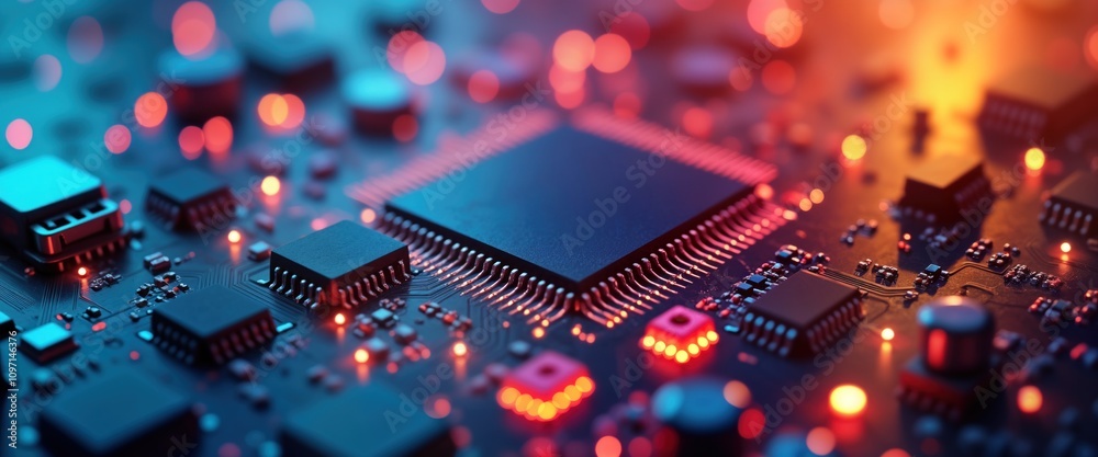 Poster Closeup view circuit board. Microchip processor detail. Computer tech. Electronics industry. Digital tech innovation. AI hardware. Modern CPU. Data processing. High tech image.