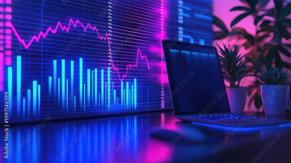 Poster A modern workspace featuring a laptop and data visualizations in vibrant colors.