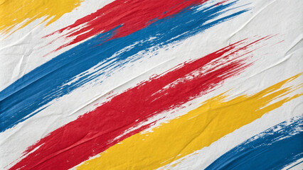 An abstract painting with bold horizontal brushstrokes in yellow, blue, and red on a white background. The colors create movement and vitality, while the textured canvas adds depth.