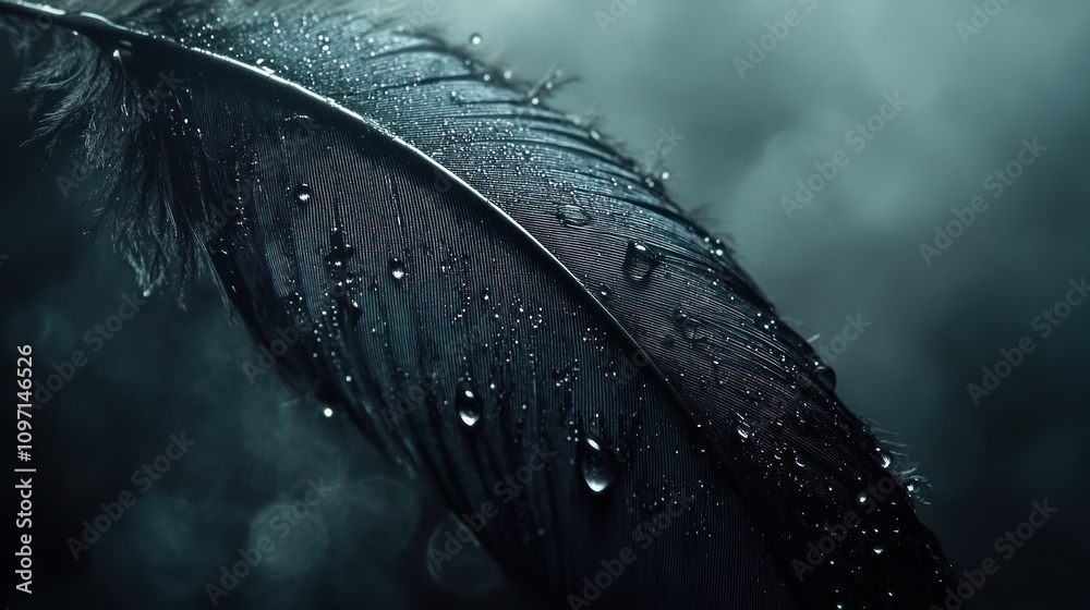 Poster a close-up of a dark feather adorned with water droplets, set against a misty background.