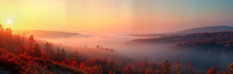 Obraz premium Sunrise over misty autumn forest. Red trees. Foggy valley. Colorful fall landscape. Scenic nature. Peaceful autumn scenery. Wallpaper background. Travel banner. Drone view.