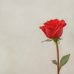 Single red rose with dewdrops against a soft, muted background, AI