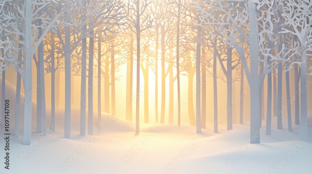 Poster delicate white paper silhouettes form a tranquil winter forest, illuminated by soft golden sunlight 