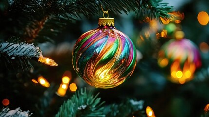 Colorful glass bauble on christmas tree with warm festive lights. Happy New Year. Merry Christmas.