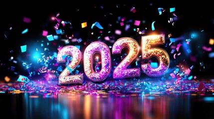Vibrant 2025 celebration with colorful confetti and lights