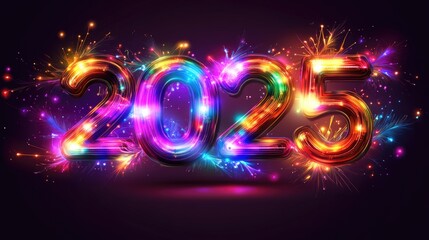 Vibrant 2025 celebration with colorful fireworks and glowing numbers