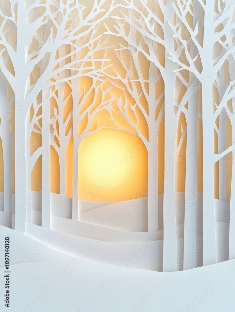 Poster a serene winter forest of white paper silhouettes glows with a warm sunset, creating a tranquil atmo