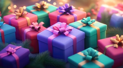 Colorful gift boxes with ribbons and bows in festive celebration atmosphere