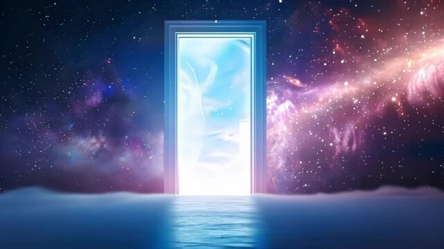 A mysterious door opens to a cosmic scene, revealing swirling galaxies and a dreamlike atmosphere in a surreal setting.